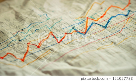 Hand drawn financial graph on crumpled paper with red and blue lines 131037788
