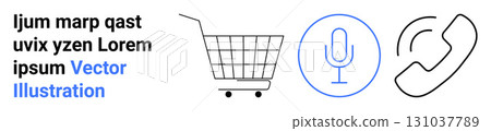 Shopping cart icon, microphone in circle, phone receiver for modern online services. Ideal for e-commerce, communication tools, voice over IP, customer support, digital services, multimedia apps, IT 131037789