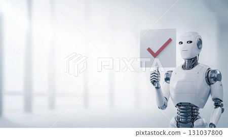 Futuristic robot holding sign with check mark on light background 131037800