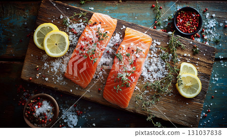 Fresh raw salmon fillets with lemon and herbs 131037838
