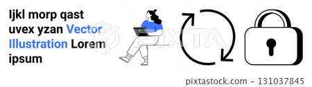 Woman with laptop, refresh symbol, and padlock. Ideal for online security, tech support, data privacy, cybersecurity, user protection, secure access, and encryption. Landing page 131037845