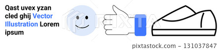 Happy face, handshake gesture, and simple shoe icon in black and blue. Ideal for positive interaction, communication, casual comfort, minimalistic design concepts, friendly engagement, activity 131037847