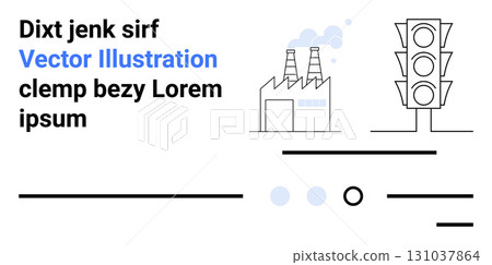 Factory with two chimneys emitting smoke, traffic light with three lamps, abstract lines. Ideal for industry, urban planning, environment, manufacturing, pollution, and technology themes. Landing Factory with two chimneys emitting smoke, traffic light with three lamps, abstract lines. Ideal for industry, urban planning, environment, manufacturing, pollution, and technology themes. Landing 131037864