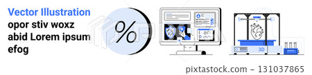Large percentage symbol, computer monitor with graphs and security icons, 3D printer creating a heart. Ideal for educational materials, infographics, tech blogs, financial reports, security websites Large percentage symbol, computer monitor with graphs and security icons, 3D printer creating a heart. Ideal for educational materials, infographics, tech blogs, financial reports, security websites 131037865