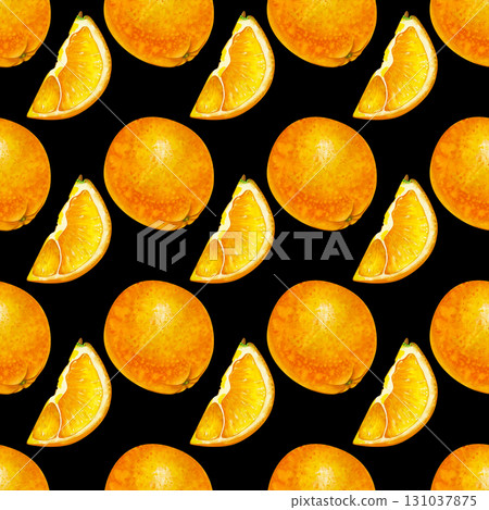 Seamless hand-drawn pattern with oranges. Watercolor illustration on a dark background. Botanical seamless background with bright fruits, whole and pieces, for packaging, wallpaper, textiles Seamless hand-drawn pattern with oranges. Watercolor illustration on a dark background. Botanical seamless background with bright fruits, whole and pieces, for packaging, wallpaper, textiles 131037875