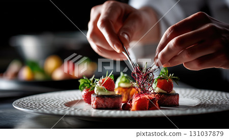 Chef garnishing gourmet dish with precision and care 131037879