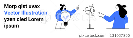 Two people discussing innovative energy solutions and pointing at a light bulb and wind turbine. Ideal for teamwork, innovation, technology, renewable energy, brainstorming sessions, environmental 131037890