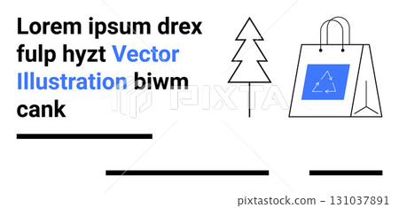 Shopping bag with recycling symbol beside a triangular tree and placeholder text in black and blue. Ideal for sustainability projects, eco campaigns, online stores, environmental blogs, educational 131037891