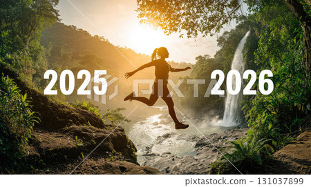 Silhouette of person jumping from 2025 to 2026 131037899