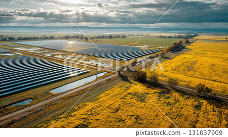 Aerial view of solar farm next to yellow field 131037909