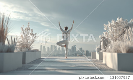 Man practicing yoga on rooftop terrace with city view 131037927