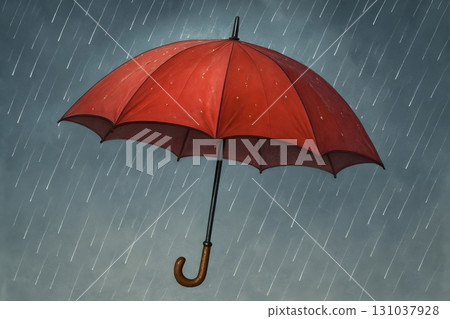 Open red umbrella with wooden hook handle in pouring rain against gray sky 131037928