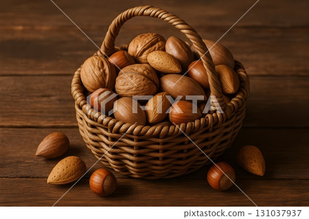Wicker basket filled with assorted nuts in shells walnuts, hazelnuts, almonds 131037937