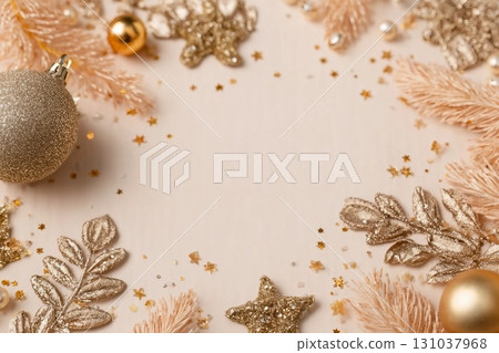 christmas or new year frame composition. christmas decorations in gold colors on pastel beige background with empty copy space for greeting. 131037968