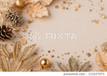 christmas or new year frame composition. christmas decorations in gold colors on pastel beige background with empty copy space for greeting. 131037973