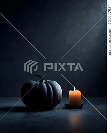 Moody still life with a dark blue pumpkin and a single burning candle on a textured table 131037984