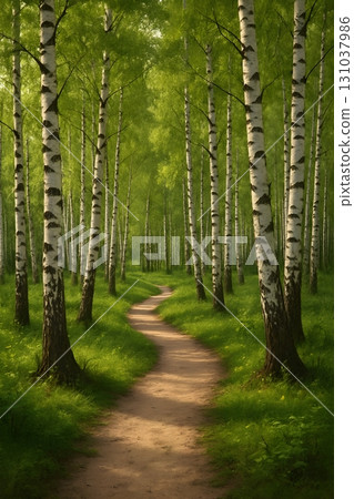 Curving dirt path winding through a sunlit birch forest with fresh green leaves and soft morning light 131037986