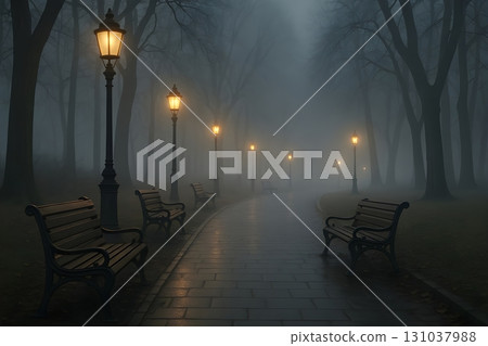 Foggy park path with glowing lampposts and empty benches, bare trees fading in mist at dusk 131037988