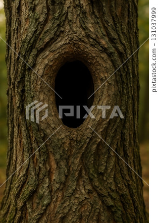 Close up of a tree trunk with an oval hollow, dark opening and rich bark texture 131037999