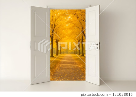 Open white doors reveal a glowing autumn avenue of trees 131038015