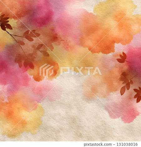 Soft watercolor background with warm autumn tones in pink, orange and gold washes 131038016