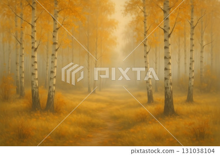 Foggy autumn birch grove with golden leaves and soft light, a narrow path fading into mist 131038104