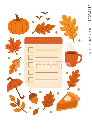 Autumn to-do list with checkboxes surrounded by pumpkin, leaves, steaming mug, umbrella, acorn Autumn to-do list with checkboxes surrounded by pumpkin, leaves, steaming mug, umbrella, acorn 131038113