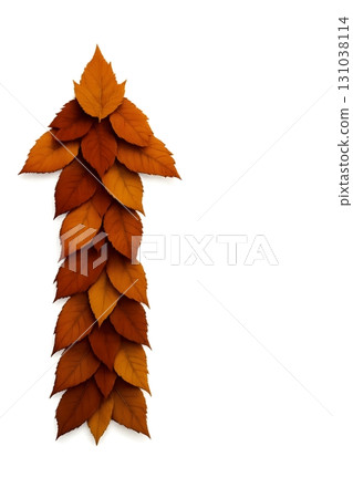 Upward arrow made from layered orange autumn leaves on a white background Upward arrow made from layered orange autumn leaves on a white background 131038114