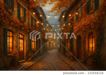Cozy autumn village street at dusk, cobblestone alley with ivy-clad facades Cozy autumn village street at dusk, cobblestone alley with ivy-clad facades 131038116
