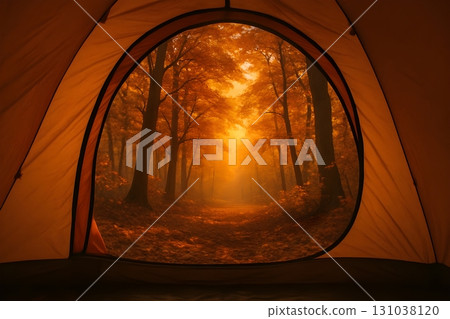 Warm sunrise view from inside a tent, looking out to a golden autumn forest 131038120
