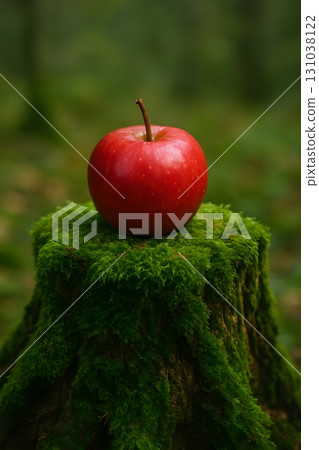 Red apple on a moss-covered tree stump in a green forest, natural daylight with soft bokeh 131038122