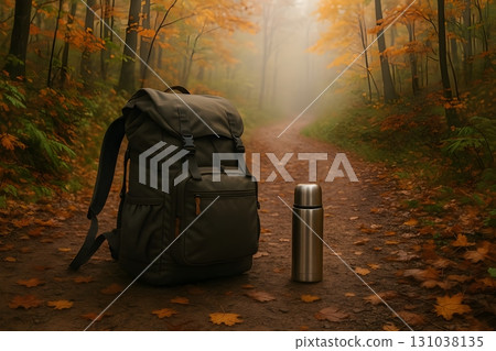 A green backpack and a thermos set on a forest path amid vibrant autumn foliage. 131038135