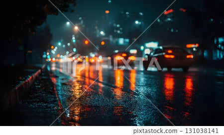 Night city scene with vibrant bokeh lights reflecting on a wet street surface. Night city scene with vibrant bokeh lights reflecting on a wet street surface. 131038141