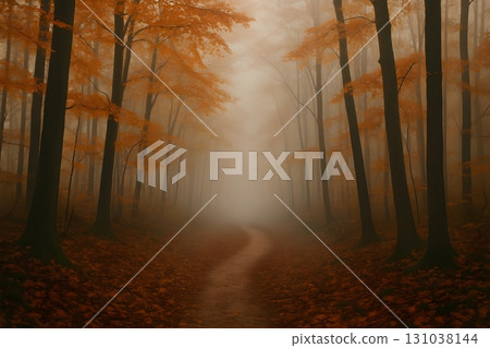 Mysterious autumn forest enveloped in dense fog, with orange leaves lining a narrow path. Mysterious autumn forest enveloped in dense fog, with orange leaves lining a narrow path. 131038144