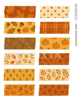 A collection of autumn-themed patterns featuring leaves, acorns, pumpkins, and polka dots. A collection of autumn-themed patterns featuring leaves, acorns, pumpkins, and polka dots. 131038145