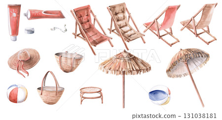 A set of beach party-themed elements. Isolated watercolor illustrations of beach chairs, umbrellas, and bags are perfect for travel brochures, seasonal restaurant menus, and invitations A set of beach party-themed elements. Isolated watercolor illustrations of beach chairs, umbrellas, and bags are perfect for travel brochures, seasonal restaurant menus, and invitations 131038181