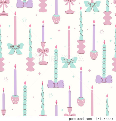 Seamless pattern with candles in cute candlesticks. Vector graphics. 131038223