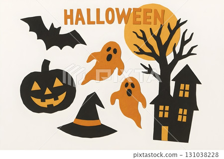 Colorful Halloween paper cutouts featuring a bat, ghosts, pumpkin, witch hat, haunted house 131038228