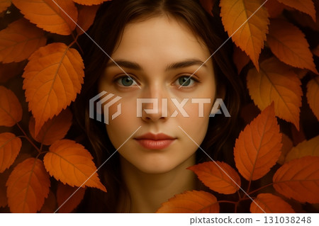 Bright orange autumn leaves frame a warm seasonal composition 131038248