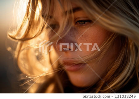 Sunlight illuminating golden strands of hair in a soft, artistic blur, creating a warm 131038249