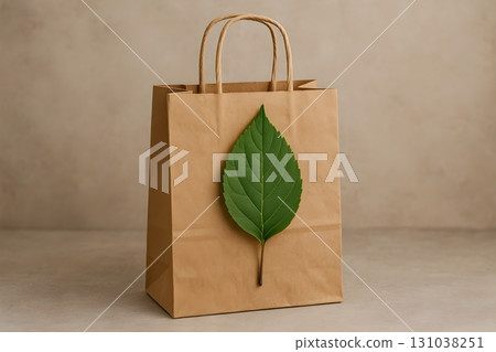 Eco-friendly paper bag with a green leaf attached, symbolizing sustainability and natural products. 131038251