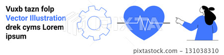 Gear, heartbeat, and person pointing. Ideal for medical presentations, technology research, educational content, data analysis, business strategy, infographic design, digital marketing. Banner 131038310
