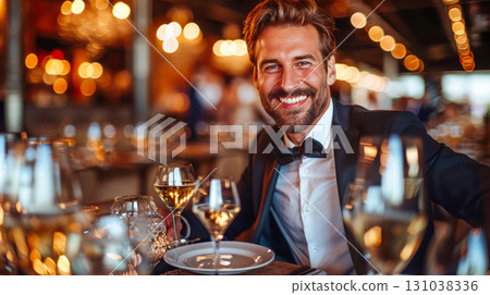 Smiling man in formal attire enjoying dinner at a beautifully decorated restaurant with warm ambiance 131038336