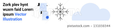 Text placeholder, documents, snowflake, cloud. Ideal for websites, presentations, educational materials, weather apps, tech blogs, data storage, cloud computing. Landing page 131038344