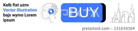 Head profile with gear and circuit design, large blue Buy button, minimalist city skyline. Ideal for technology, AI, e-commerce, innovation, future city, smart technology, digital marketing. Landing Head profile with gear and circuit design, large blue Buy button, minimalist city skyline. Ideal for technology, AI, e-commerce, innovation, future city, smart technology, digital marketing. Landing 131038384