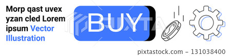Blue buy button with white text, gear symbol, and loading icon. Ideal for e-commerce, online shopping, digital transactions, web design, user interface elements, technology, and business. Landing 131038400
