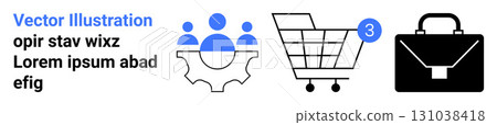 Teamwork symbol on a gear, shopping cart with notification, and leather briefcase. Ideal for online shopping, team collaboration, digital business, project management, e-commerce platforms, retail 131038418