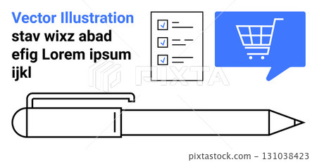 Pen, checklist with checkboxes, and shopping cart in blue speech bubble. Ideal for office supplies, stationery, digital marketing, e-commerce, shopping, productivity, organization. Landing page 131038423