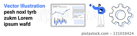 Graphs, charts on screen, business person holding document, large gear icon on right. Ideal for business analytics, data interpretation, presentation, optimization, project management, corporate 131038424