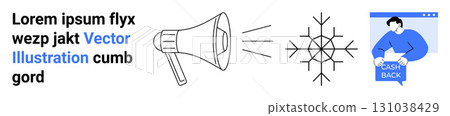 Megaphone emitting sound, pie chart illustration, person holding cashback sign. Ideal for marketing, advertising, promotions, announcement, presentations, social media, business newsletters. Landing Megaphone emitting sound, pie chart illustration, person holding cashback sign. Ideal for marketing, advertising, promotions, announcement, presentations, social media, business newsletters. Landing 131038429